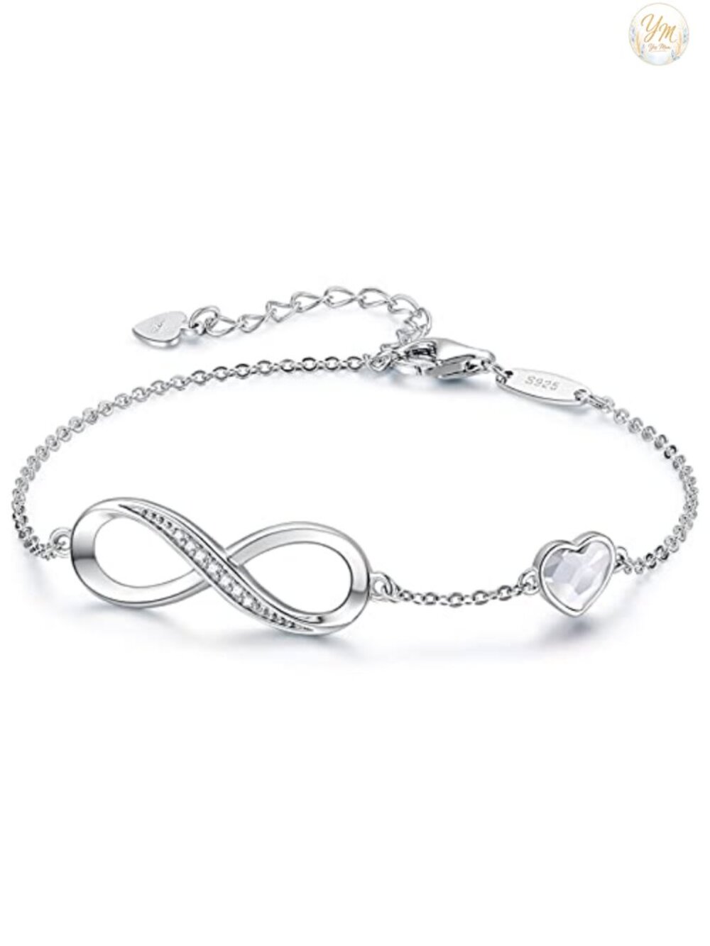 925 Sterling Silver Infinity Heart Crystal Charm Bracelet Gift for Women